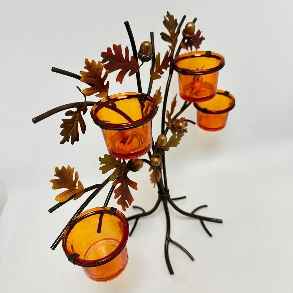 Metal Tree Votives Candle Holder With Orange Glass And Acorn Details